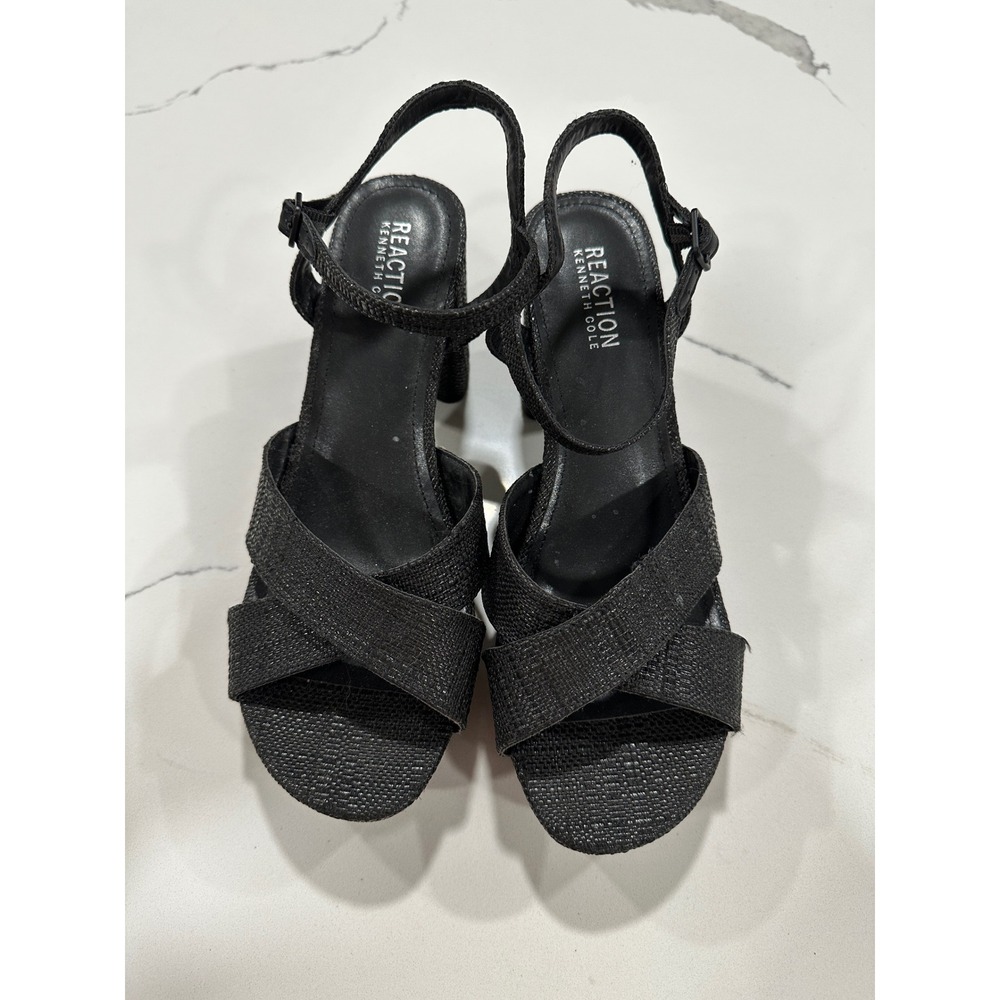 REACTION KENNETH COLE Black Woven Platform Block Heel Sandals Women US 10